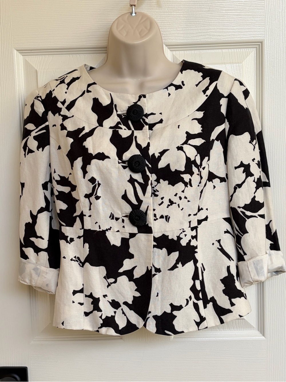 Vintage Tweeds Linen Blend Black White Floral Blazer Jacket 3/4 Sleeves Size 6